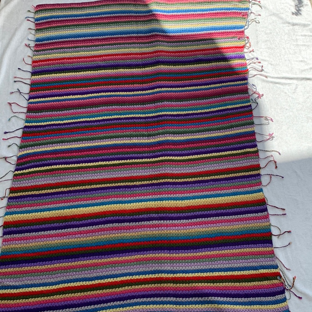 Vintage Handmade Crochet Knit Rainbow Afghan Blanket Fringe “Granny Square” - Picture 8 of 9